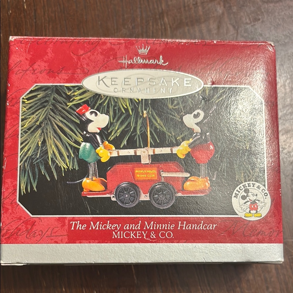 Hallmark Keepsake Mickey & Minnie Handcar Ornament - Red, Black, and Green
